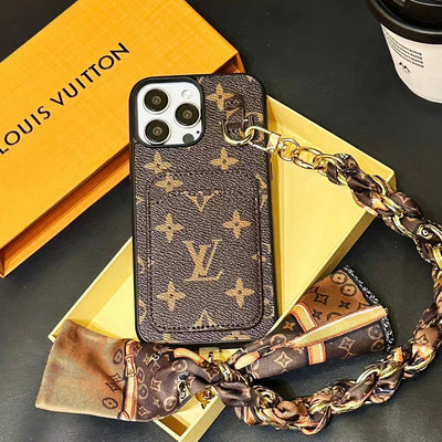 Chic LV Phone Case with Card Slot and Stylish Hand Chain Attachment