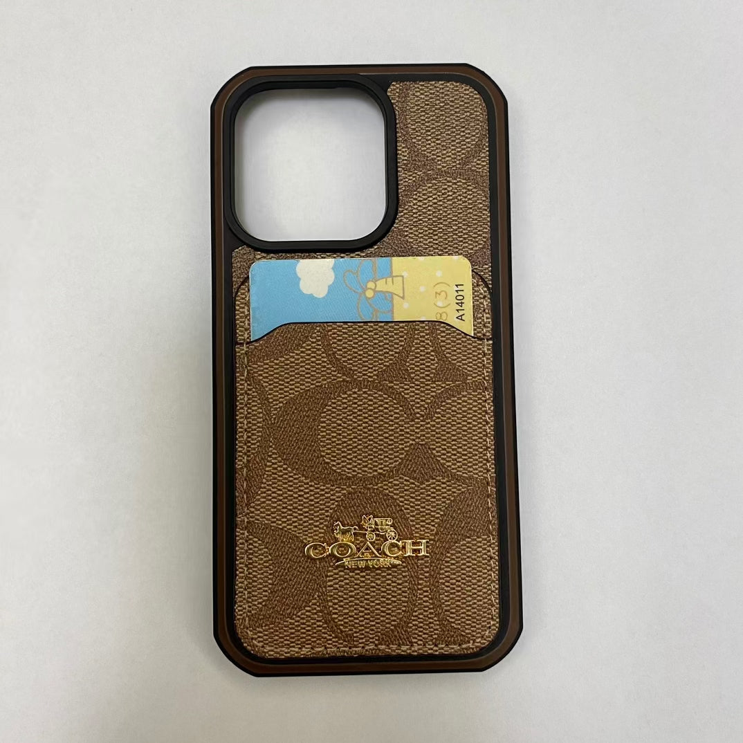 Close-up of Coach iPhone Case with Card Holder and luxury branding