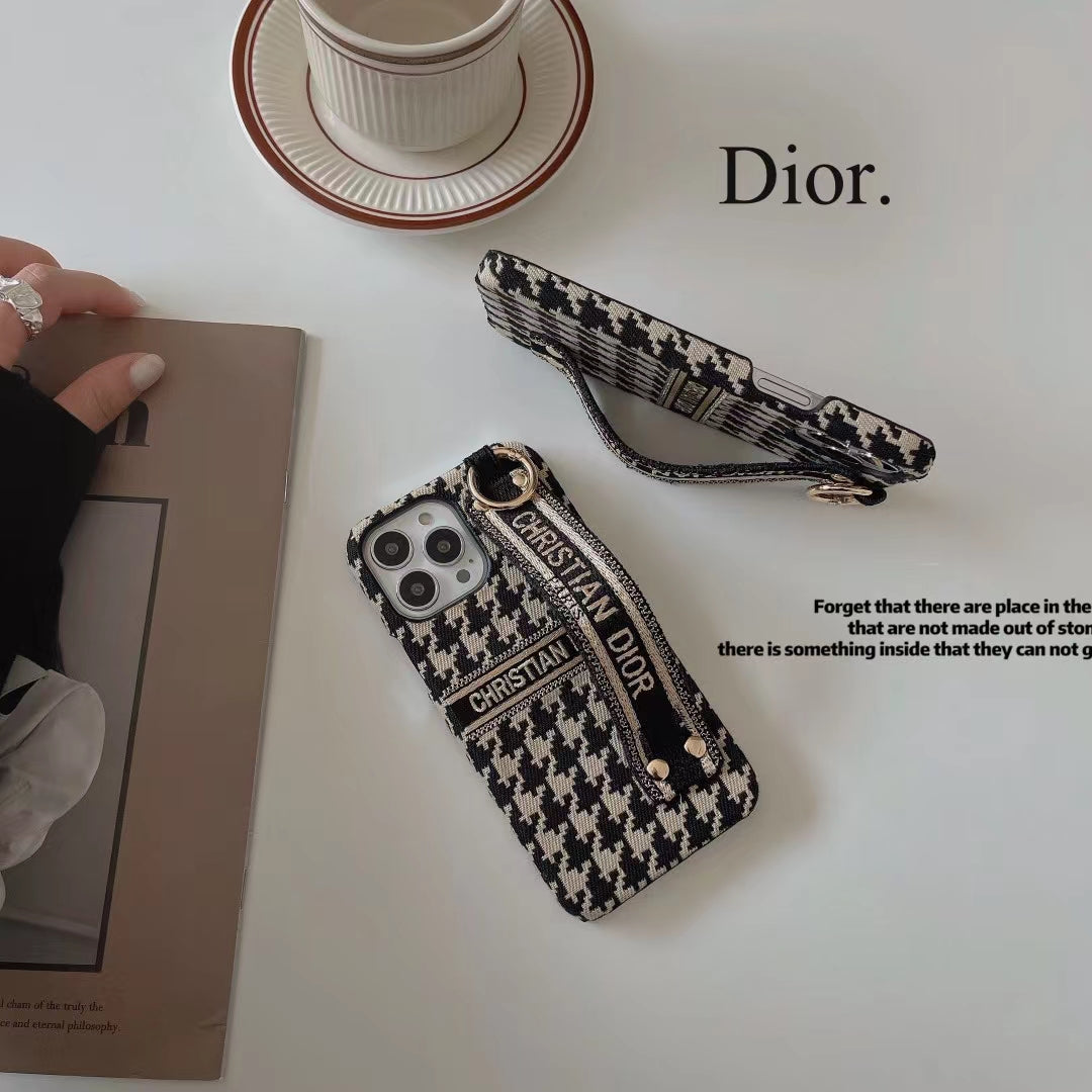 Luxury Textile CD Phone Case With Wrist Strap for iPhone